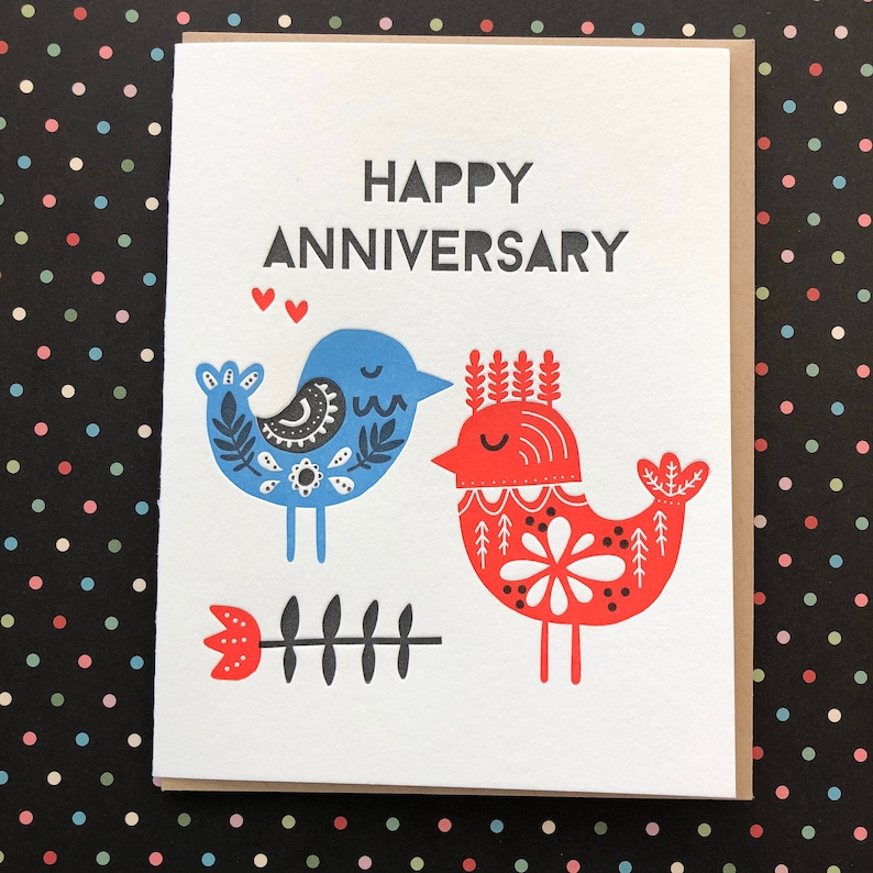 anniversary birds letterpress card etsy