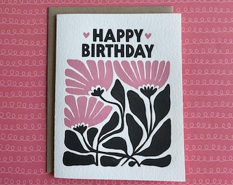 Happy Birthday Pink Flower-  letterpress card