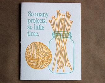 Letterpress Card - knitting jar of needles