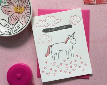 Letterpress Card - unicorn  birthday