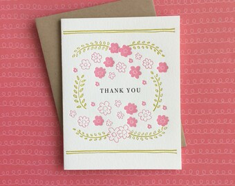 Thank You Pink Floral Letterpress Card