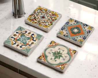 Green Tile Stone Coasters, Mexican Talavera Tile Wood Coasters, Moroccan Tile, Tile Design, Boho Barware, Portuguese Azulejo, Gifts for Her