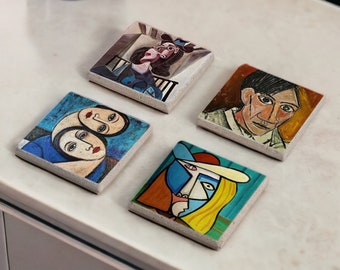 Pablo Picasso Stone Coasters, Cork Backing Stone and Wood Coasters Set, Picasso Art Coasters, Drink Coasters, Fathers Day Gift, Gift for Her