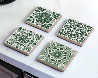 Green Tile Stone Coasters, Mexican Talavera Tile Wood Coasters, Moroccan Tile, Tile Design, Spanish Mediterranean, Tulip Art, Gift for Her