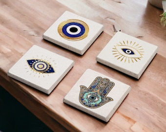Hand der Fatima, Hamsa Hand Stein Untersetzer, Evil Eye Untersetzer Set, dekorative Fliese, Allsehendes Auge, Good Lucky Untersetzer, Geschenk für Sie