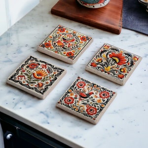 Red Floral Tile Stone Coaster Set, Moroccan Tile Coasters, Ethnic Folk Ornament, Red Tile, Tile Design, Mexican Talavera, Spanish Majolica