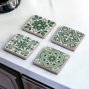 Green Tile Stone Coasters, Mexican Talavera Tile Wood Coasters, Moroccan Tile, Tile Design, Spanish Mediterranean, Tulip Art, Gift for Her