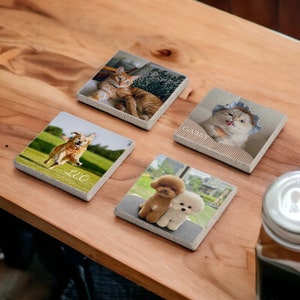 Custom Pet Photo on Stone Coasters, Personalized Pet Memorabilia Coaster Set, Pet Wood Coasters , Pet Lover Gift, Pet Birthday Gifts