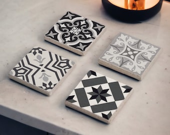 Gray Tile Stone Coaster Set, Mexican Talavera Tile Wood Coasters, Moroccan Tile, Tile Design, Boho Barware, Tulip Art, Gift for Her