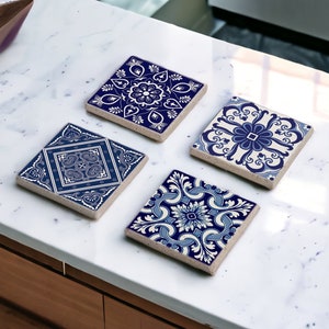 Blue Tile Stone and Wood Coaster Set!