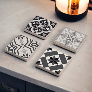 Gray Tile Stone Coaster Set, Mexican Talavera Tile Wood Coasters, Moroccan Tile, Tile Design, Boho Barware, Tulip Art, Gift for Her