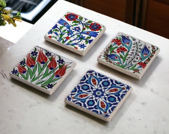 Blue Tile Stone Drink Coasters, Mexican Talavera, Moroccan Tile, Tile Design, Spanish Mediterranean, Boho Barware, Tulip Art, Gift for Mom