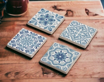 Light Blue Tile Stone Coasters, Mexican Talavera Tile Wood Coasters, Moroccan Tile, Tile Design, Moroccan Tile, Tulip Art, Gift for Her
