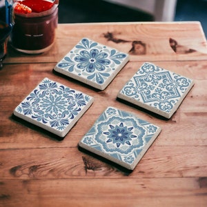 Light Blue Tile Stone Coasters, Mexican Talavera Tile Wood Coasters, Moroccan Tile, Tile Design, Moroccan Tile, Tulip Art, Gift for Her