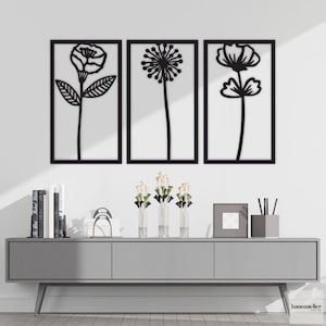 Flowers Wall Decor Set of 3, Wildflowers Wall Art, Botanical Floral Wall Decor, Wooden Minimalist Flower Wall Art, Minimalist Modern Artwork