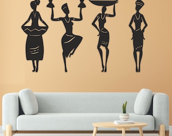 African Women Wall Decoration Set of 4, Laser Cut Black MDF Wall Art, Wall Design, Wooden Wall Decor, Housewarming Gift, Wall Art Livingroom