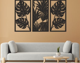 Tropical Leaves Set of 3 Wall Decor, Leaves Wall Art, Palmtree Wall Art, Wooden Sign, Livingroom Gift, Palm Leaves, Office Decor, Home Decor