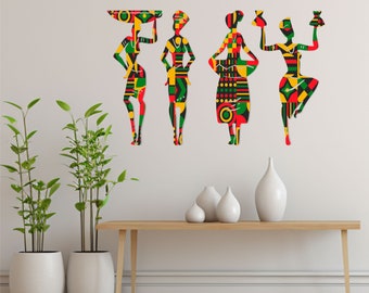 African Women Wall Decoration Set of 4, Laser Cut Colored Wall Art, Wall Design, Wooden Wall Decor, Gift for Her, African Wall Hanging