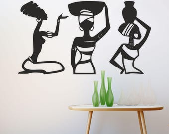 African Women Wood Wall Art, African Wall Hang Set of 3, African Ladies, Wood Wall Decor, African Decor, African Culture, Housewarming Gift
