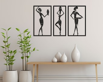 African Women Wood Wall Art, Set of 3 Wood Wall Hang, African Ladies, Framed Wall Decor, African Decor, Wooden Wall Decor, Housewarming Gift