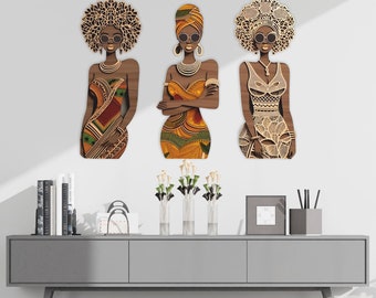 African Women Set of 3 Wall Decor, Wooden Wall Art, Colored African Wall Hang, Gift for Her, Gift for Mom, African Women Art, Ready to Hang