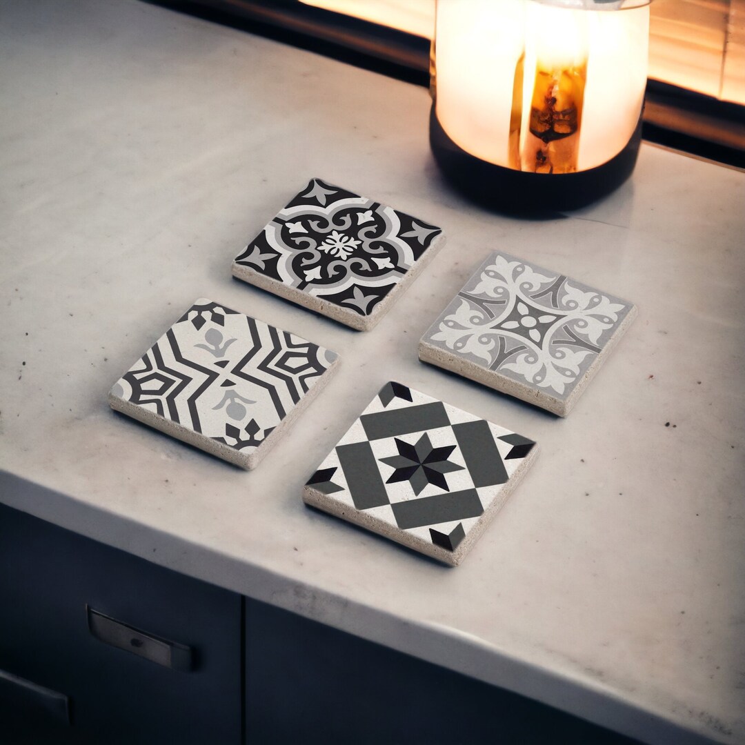 Gray Tile Stone Coaster Set, Mexican Talavera Tile Wood Coasters ...