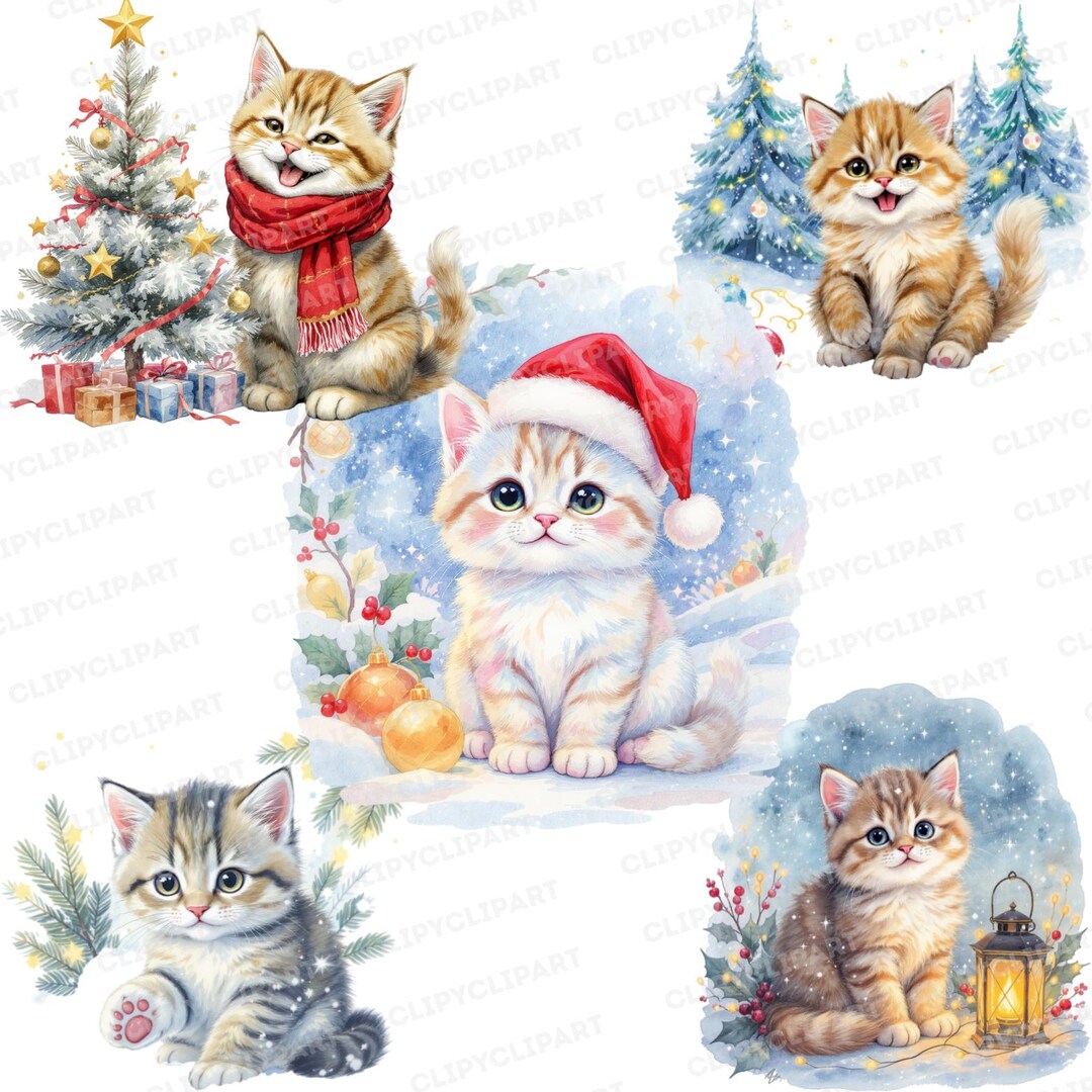 5 Watercolor Christmas Kitten Clipart, Winter Cat Illustration Set ...