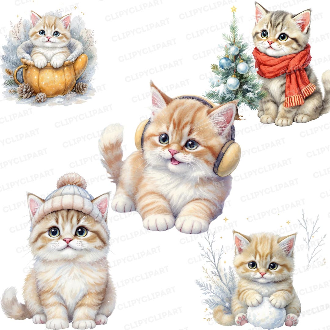 5 Watercolor Christmas Kitten Clipart, Winter Cat Illustration Set ...