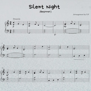 Silent Night (Beginner) | easy piano sheet music, digital download, piano score, simple notes, Music Score with note names, downloadable PDF