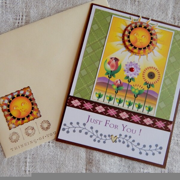 Just for you, from us, get well card, brown tones, green tones, complete inside, complete outside, handmade, flowers, sun, colorful