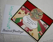 Handmade Christmas Card: complete card, handmade, balsampondsdesign,Quilted Christmas, red, green pinecones, handmade envelope