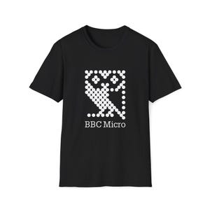 May include: Black t-shirt with a white pixelated image of a bird and the text "BBC Micro" printed on the front.