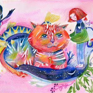 I see you - original artwork, painting, kawaii inspired, cat illustration, ginger girl, cute cat art, gouache painting, girl and cat
