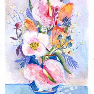 Flowers and a little gnome - gouache, watercolor painting, illustration, original art, colorful, flower illustration, artwork