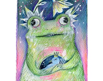 Lille prinsen - originalkonst, illustration, gouachemålning, groda, prins, naiv