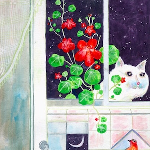 While you’re sleeping - original painting, gouache original, botanical, original art, cat gouache painting, dark night, whimsical cat art