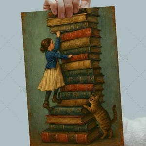 想像力の肢体 – 本を持つ少女と猫