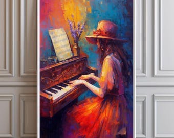 Lámina artística de una pianista impresionista, decoración musical colorida (descarga digital)