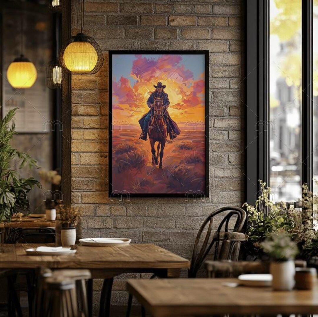 Cowboy Sunset Painting • Wild West Horse Rider Art (digital Download ...