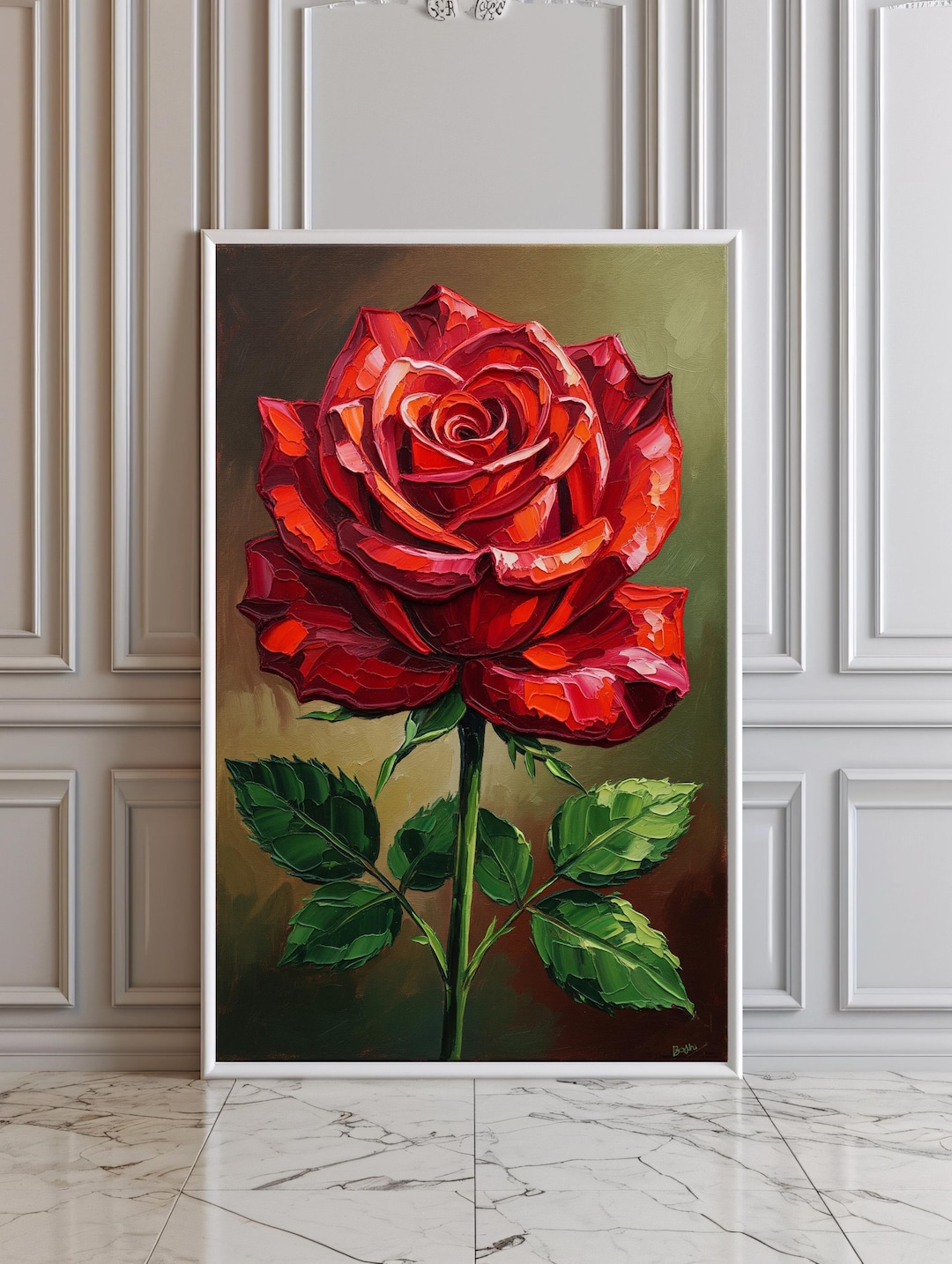 Red Rose Digital Painting • Floral Wall Art Print • Textured Oil Style ...