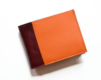 Colorful Mens Wallet, Minimalist Leather Bifold, Slim Card Cash Money Billfold for Gents, Unique Cool Gift Idea Man - The Frankie in Orange