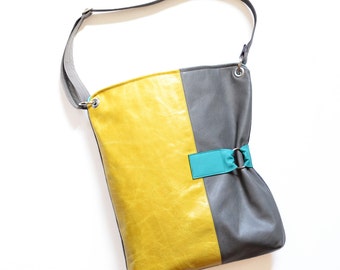 Large leather women's bag, crossbody laptop work purse, unique handbag with an adjustable strap - The Luella Bag in Yellow and Granite Grey