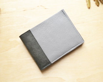 Mens Wallet Leather Slim Bifold, Minimalist Guys Billfold with Monogram Option, Husband Anniversary Gift Idea - The Frankie in Light Grey