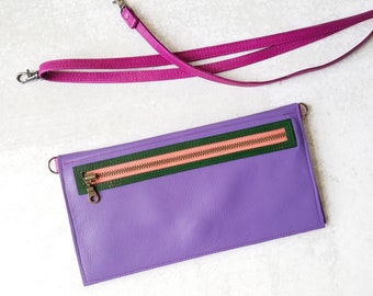 Small leather crossbody bag with phone pockets, wife gift, sleek slim travel wallet clutch with strap - the Vera Bag in Violet by Lolafalk