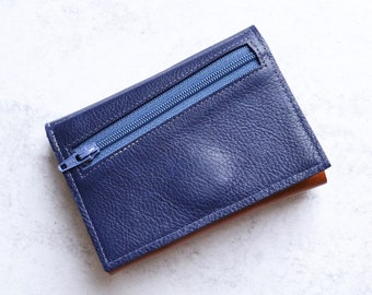 Woman Leather Wallet Small, Minimalist Unique Trifold with Coin Pocket, Ladies Cool Blue Leather Card Wallet - The Frances in Royal Blue
