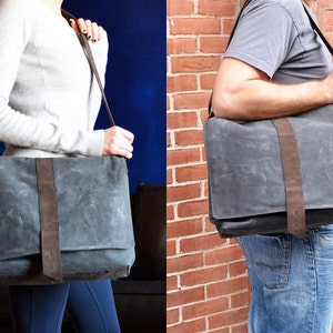 Waxed canvas bag man, mens messenger laptop bag, crossbody wax professional satchel, guys commuter work bag The Sloane in Charcoal Grey image 4