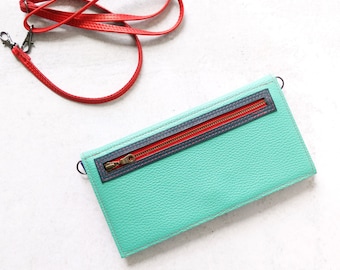 Small leather crossbody bag with phone pockets - the Vera Bag in Mint Green