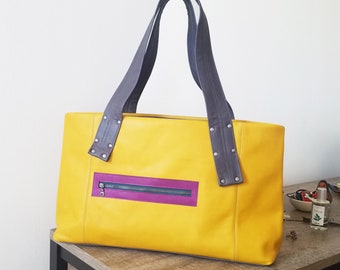 Large leather shoulder bag, stylish laptop bag for women, unique everyday bag - the Grayson Bag in Lemon Yellow by Lolafalk