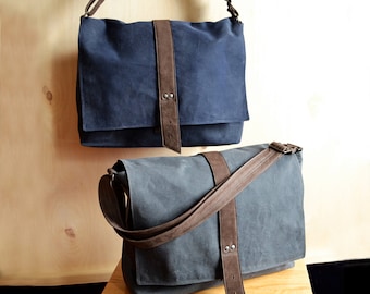 Mens custom messenger bag, personalized waxed canvas satchel, guys crossbody laptop work bag - The Sloane Messenger Bag Custom Color Option