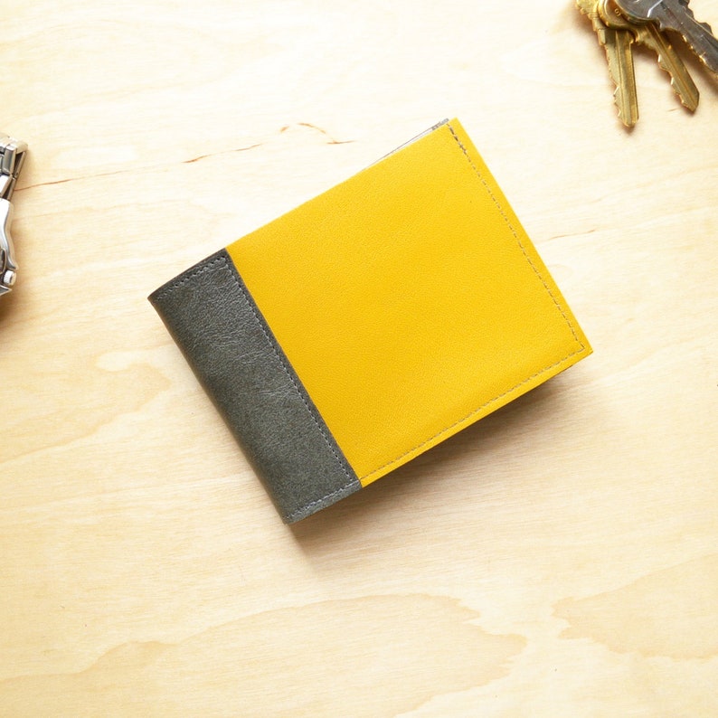 Mens Yellow Wallet, Mens Unique Minimalist Slim Leather Bifold Wallet with Monogram Option, Mans Gift The Frankie Wallet in Durango Yellow image 1